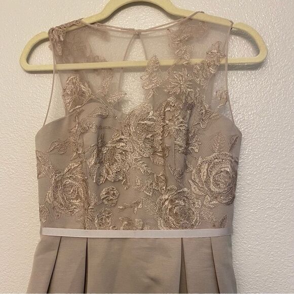 OLEG CASSINI beige biscotti illusion lace formal dress bridesmaid wedding gown 4 - Picture 7 of 16